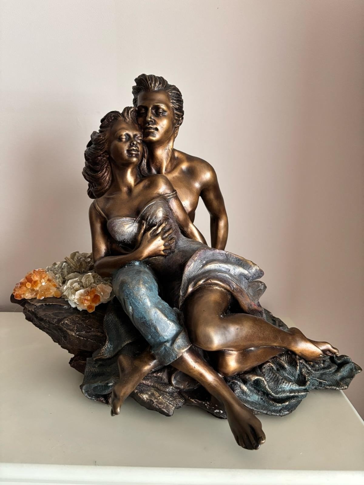 3 koperen kunstwerk beeldjes op edelstenen, Ophalen, Brons