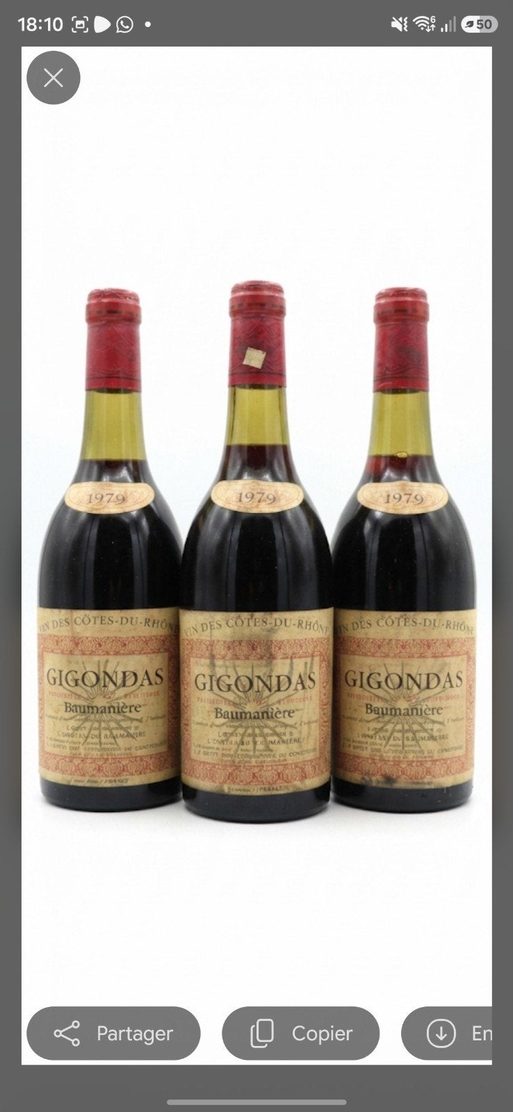 Gigondas Baumanière 1979 - Lot de 3 bouteilles, Collections, Vins, Enlèvement
