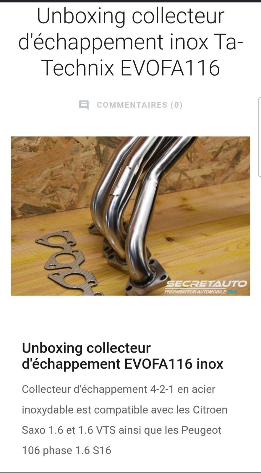Collecteur inox TA Technix EVOFA116, 106 S16, Saxo VTS 16v,, Enlèvement