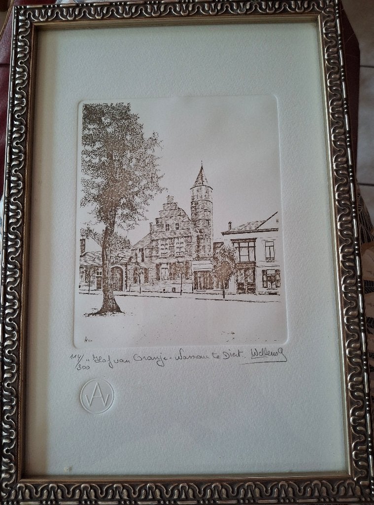 Ets "Hof van Oranje te Diest". André Wellens, Ophalen of Verzenden, Stadsgezicht, Ets, Genummerd