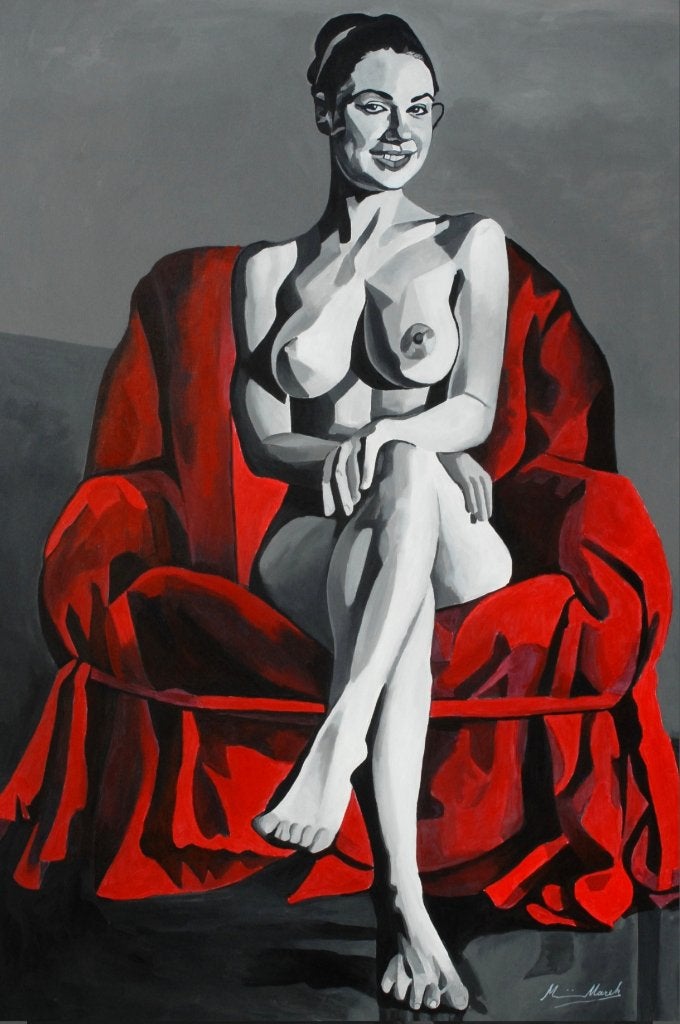 Schilderij van zittend naakt, Portrait ou Personnes, Peinture acrylique, Signé, Enlèvement