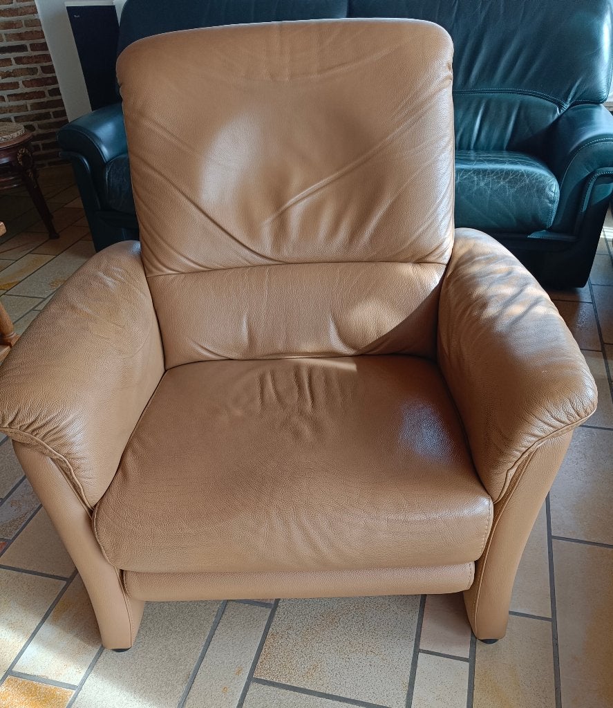 lederen relaxzetel cognac/beige, Ophalen, Gebruikt, Eenpersoons, Rechte bank