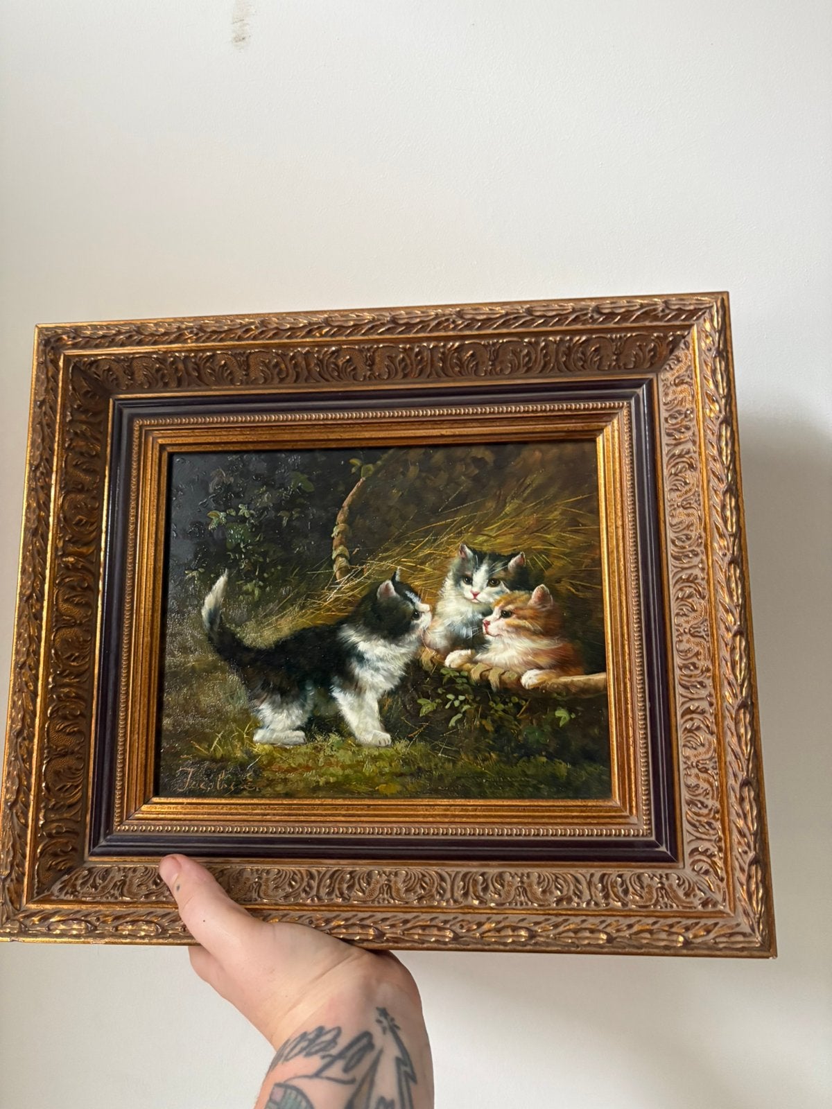 Antiek Olieverfschilderij Spelende Kittens L A E. Jacobs, Antiek en Kunst, Ophalen of Verzenden, Gesigneerd, Olieverf, Doek