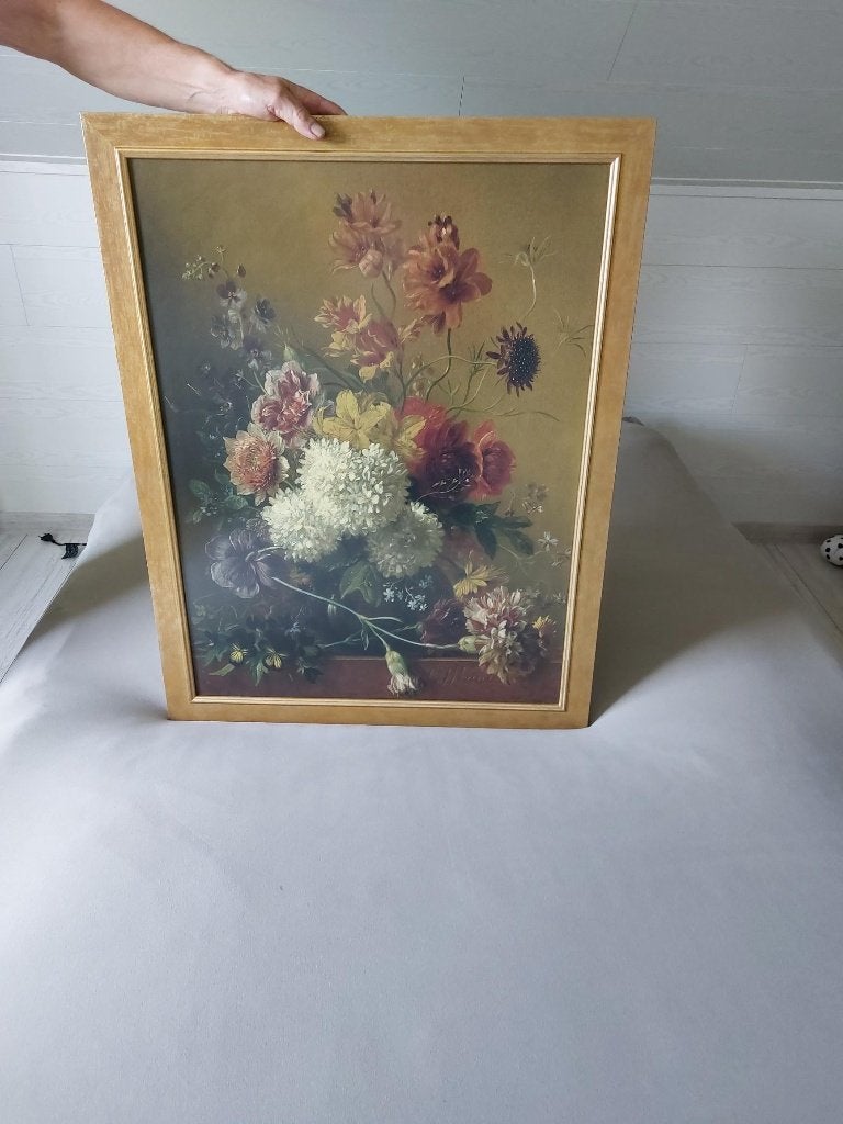 Een grote poster met zwaar houten kader volledig met  glas ., Encadré, Enlèvement, Impression, Fleurs