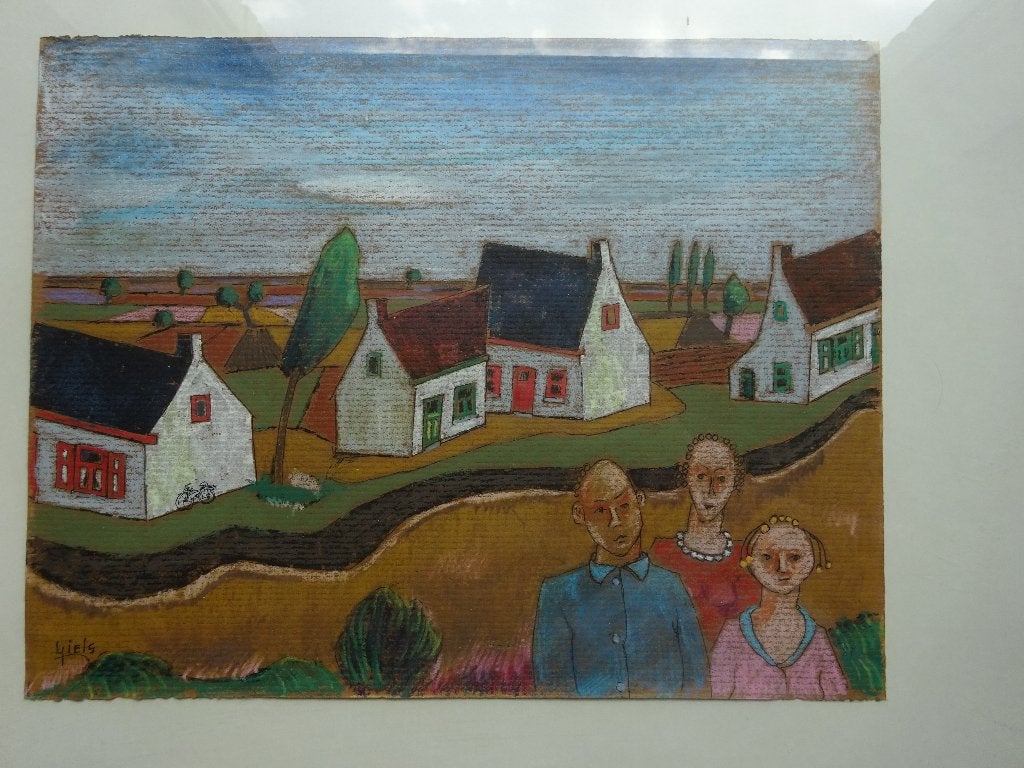 Ludo Giels, de familie, gt, 24 x 32 cm, Enlèvement ou Envoi, Signé, Paysage, Technique mixte