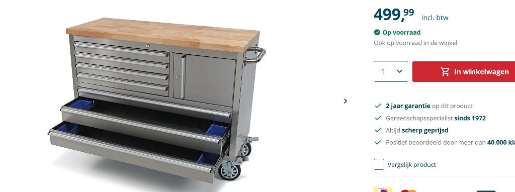 HBM Gereedschapswagen Houten Werkblad 122 cm RVS (x2 stuks), Ophalen, Zo goed als nieuw