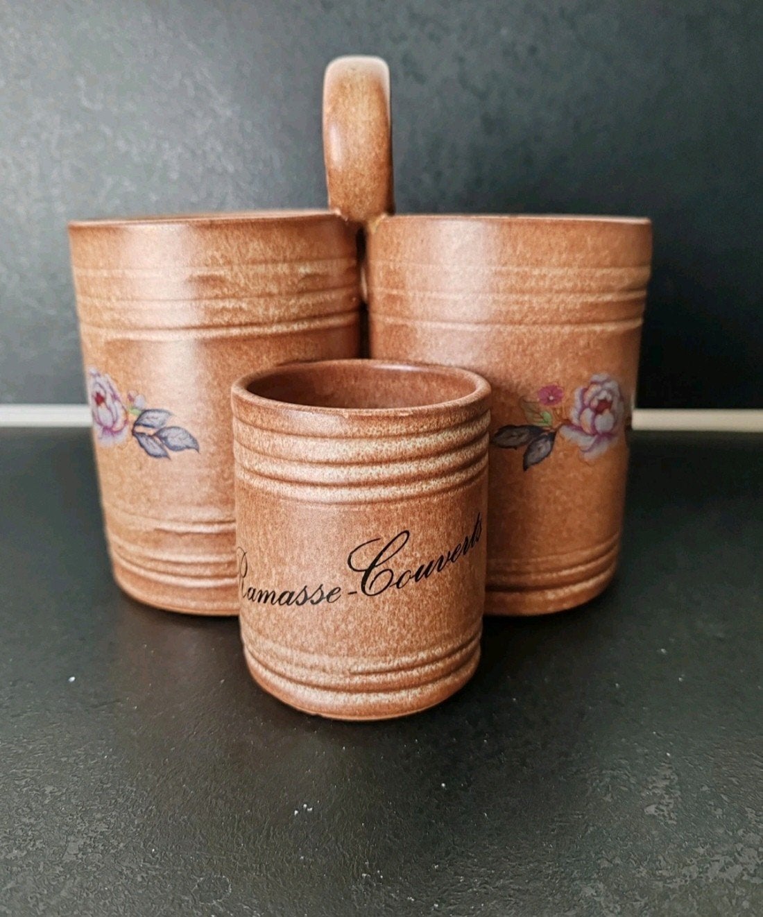 Ramasse-Couverts Ancien en Grès 3 Pots avec Anse et Décor, Enlèvement ou Envoi, Avec anse