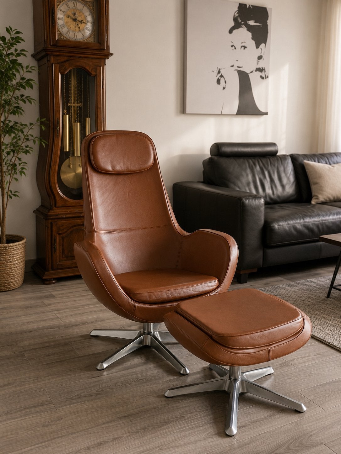 Chaise pivotante en cuir avec repose-pieds, Maison & Meubles, Fauteuils, Comme neuf, Enlèvement ou Envoi