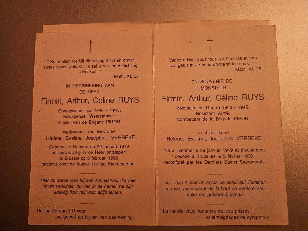 Brigade Piron Ruys Firmin Arthur Céline, Ophalen of Verzenden, Bidprentje