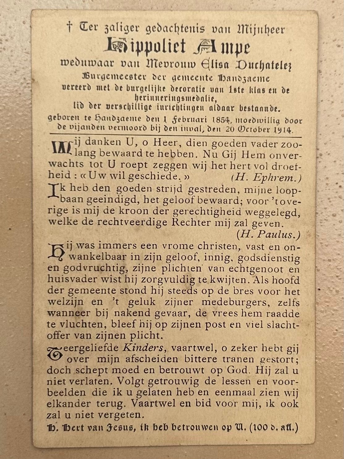1914 : BURGEMEESTER Handzame door Duitsers dood geschoten, Ophalen of Verzenden