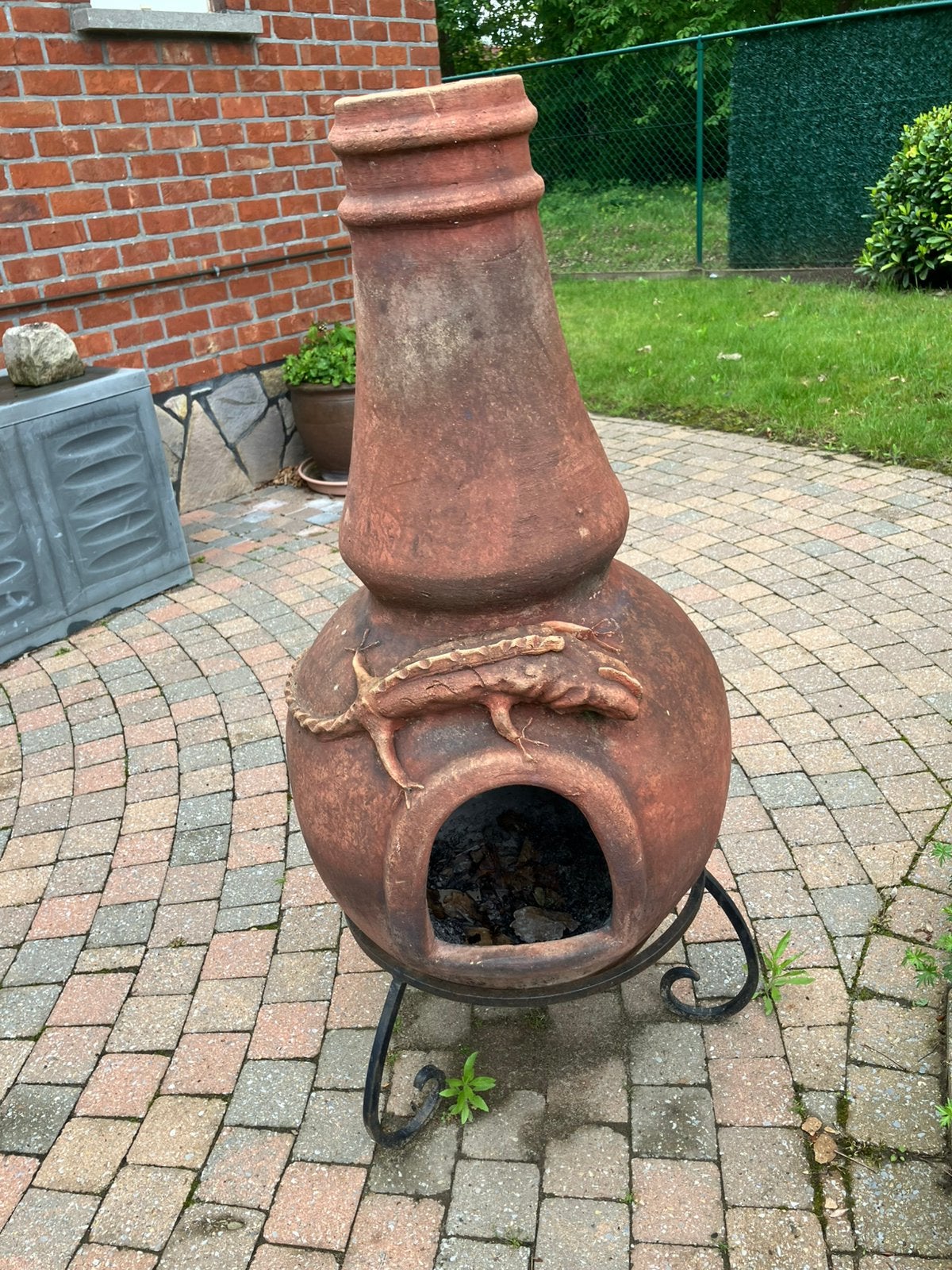 Mexicaanse Tuinhaard Terracotta Chimenea met Gekko-design, Jardin & Terrasse, Foyers de jardin, Comme neuf, Enlèvement