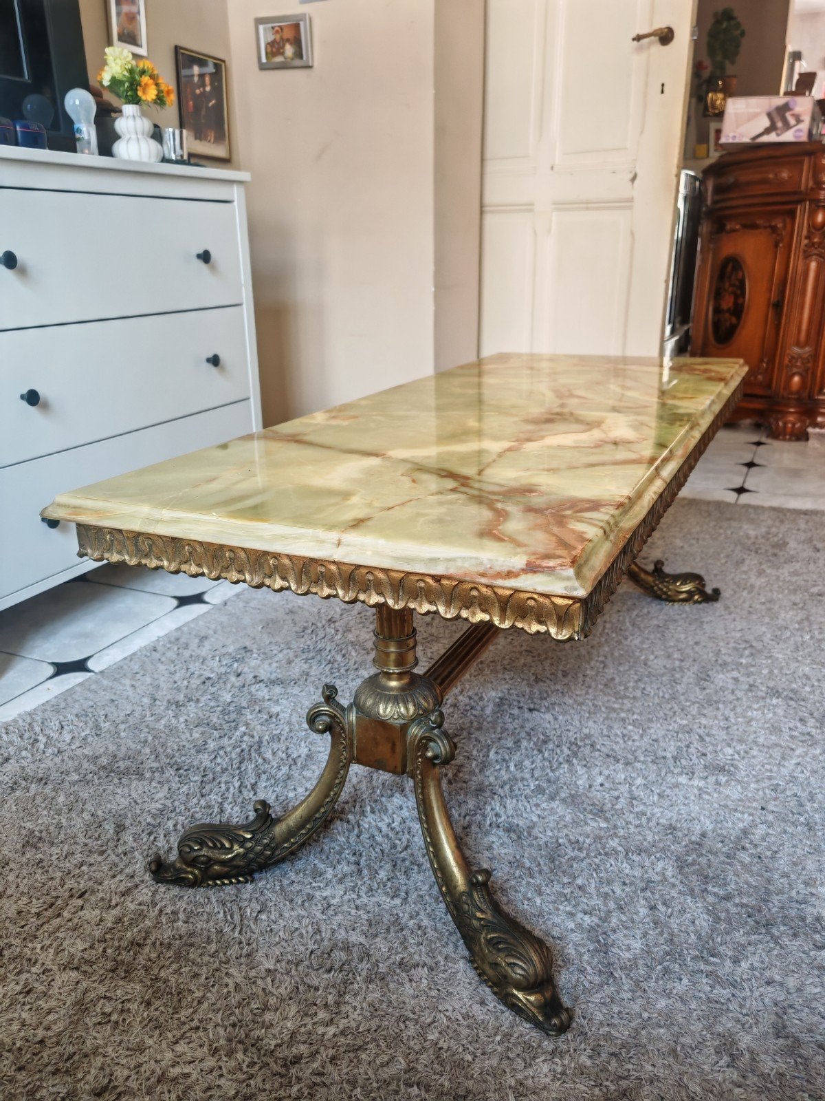 Magnifique table basse vintage en onyx vert et laiton doré, Enlèvement