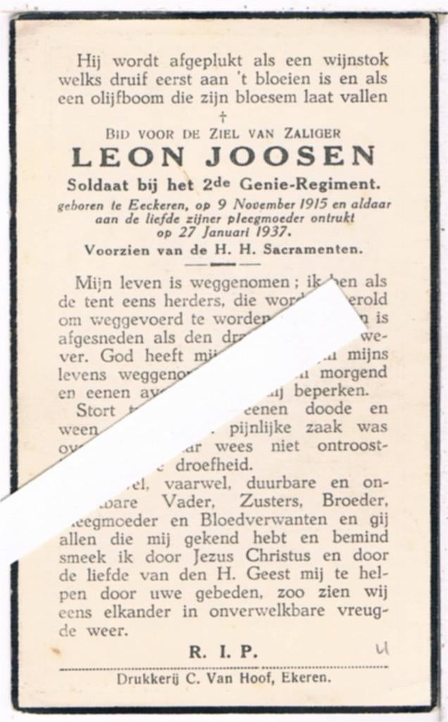 Soldaat. Joosen Leon. ° Eeckeren 1915 † Eeckeren 1937, Verzamelen, Bidprentjes en Rouwkaarten, Ophalen of Verzenden, Bidprentje