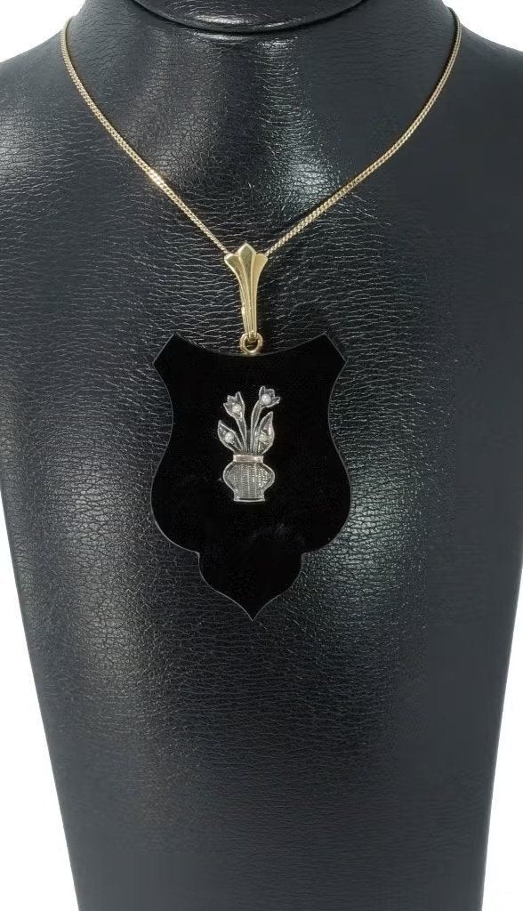 Grote 14k onyx ketting hanger goud schild parel bloem antiek, Ophalen of Verzenden, Zo goed als nieuw, Met edelsteen, Goud