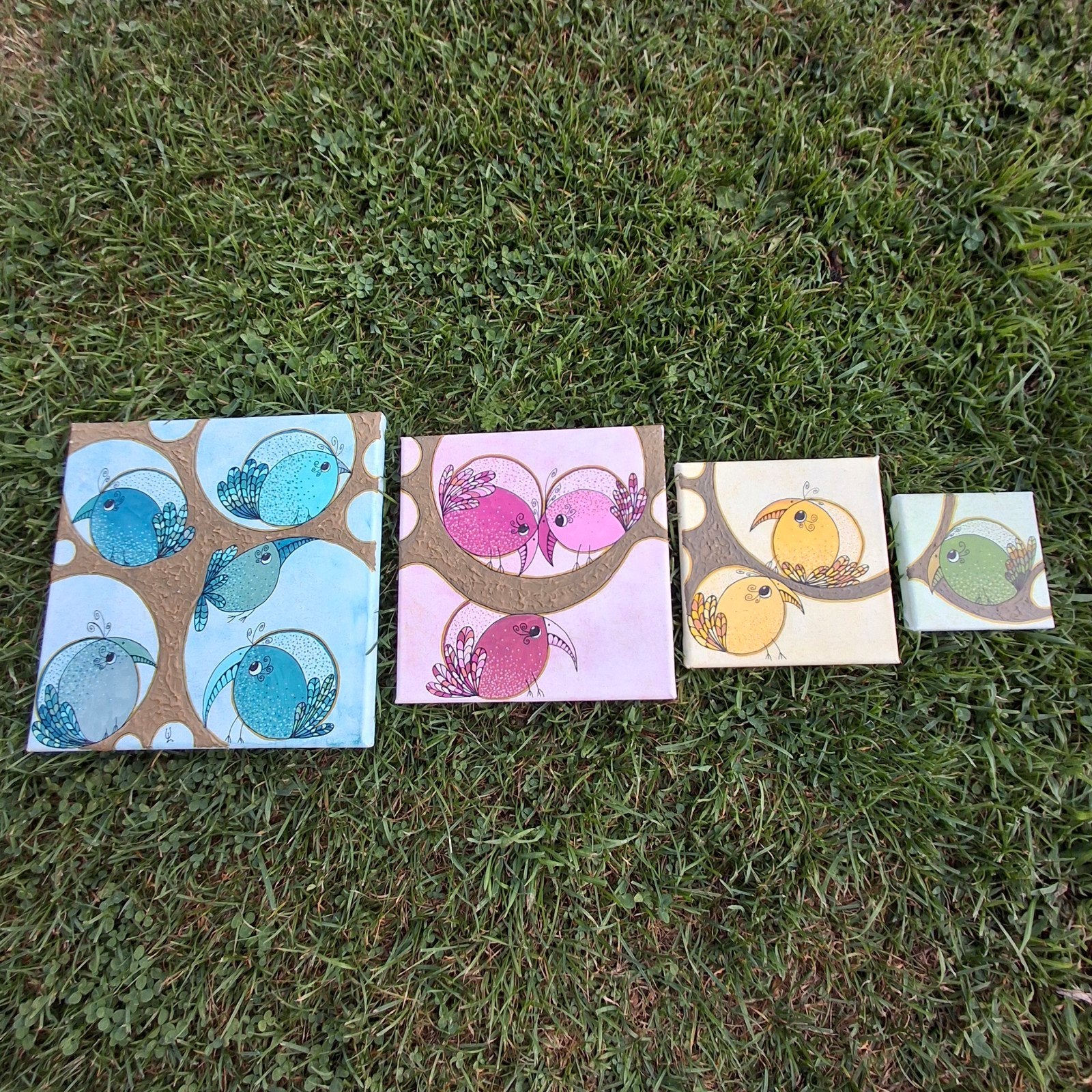 Set van vogeltjes, Antiek en Kunst, Acrylverf, Handgeschilderd, Ophalen of Verzenden, Dieren