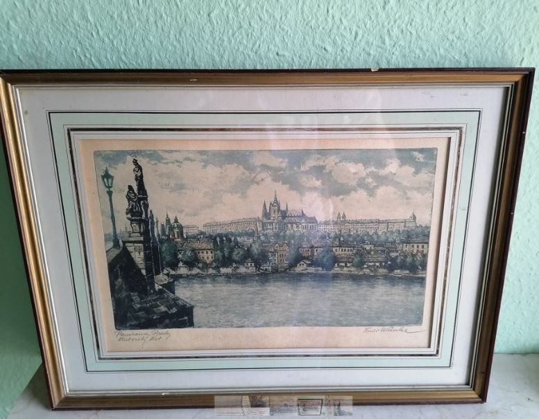 antieke radierung Praag Emil Wänke 30er jaren, Collections, Rétro, Maison et Meubles, Enlèvement