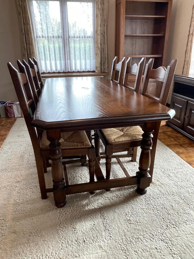 massief eikenhouten tafel en stoelen (upcyclen), 150 à 200 cm, Cinq personnes ou plus, Klassieke, rustieke eikenhouten eetkamer