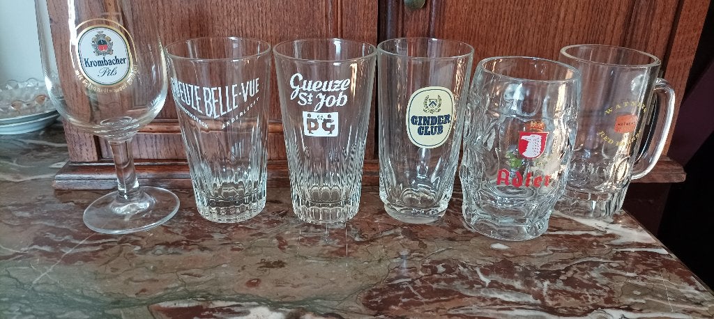 6 bierglazen, Gueuze St Job, Ginder Club, Krombacher..., Verzamelen, Ophalen of Verzenden, Gebruikt, Bierglas