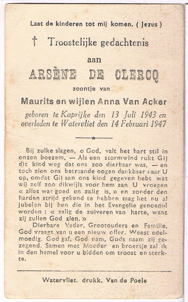 Zoontje. De Clercq Arséne. Kaprijke 1843 † Watervliet 1947, Ophalen of Verzenden, Bidprentje