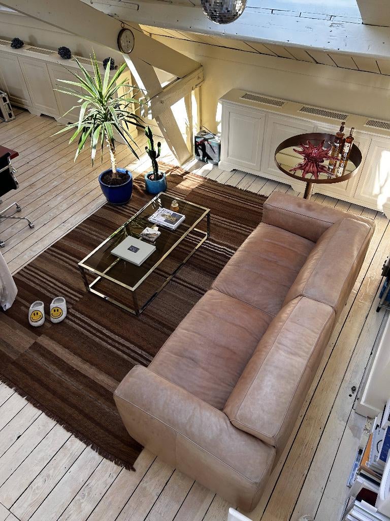 Modern Cognac Nubuck Lederen Zetel (4-zit), Huis en Inrichting, Zetels | Zetels, Ophalen, Leder, Gebruikt, Rechte bank