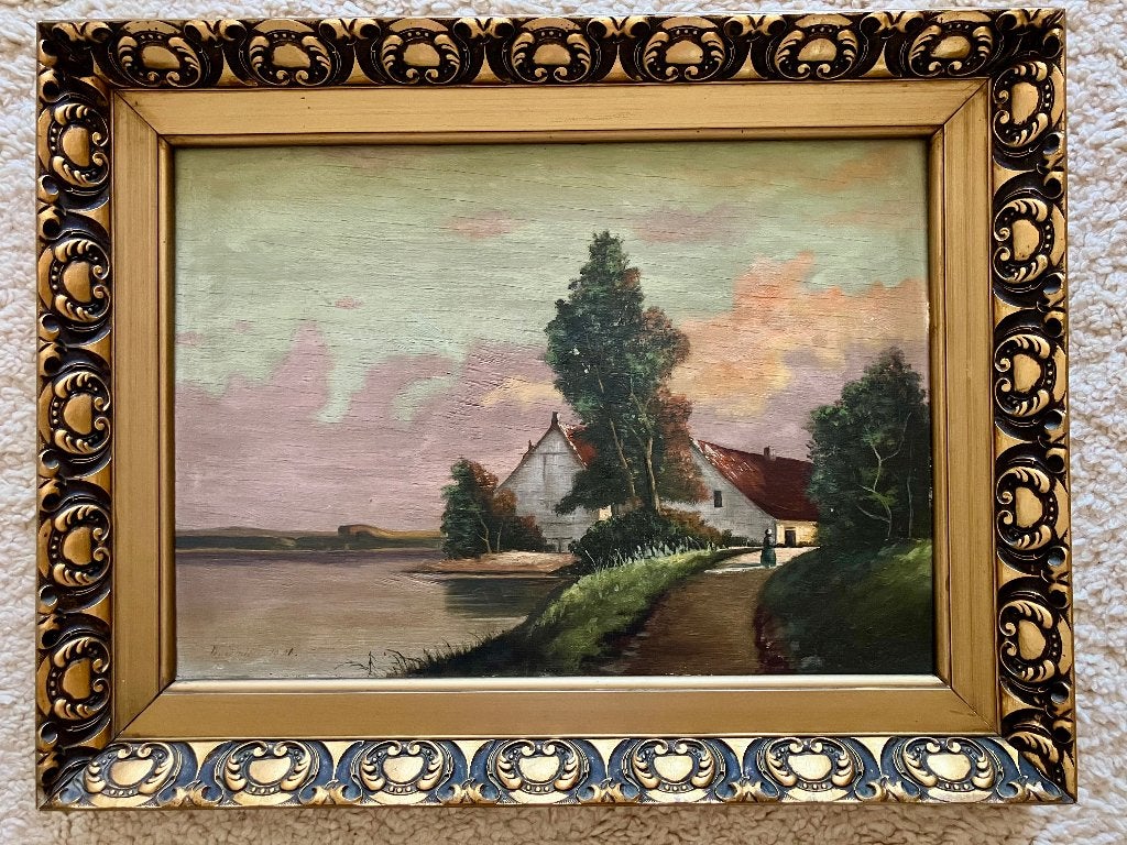 Klassiek Landschap: Sfeervolle Hoeve aan het Water, Antiquités & Art, Art | Peinture | Classique, Peinture à l'huile, Panneau