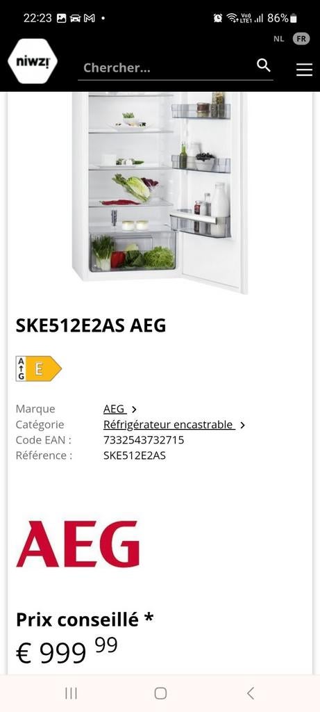 Réfrigérateur encastrable AEG neuf, Electroménager, Réfrigérateurs & Frigos, Neuf, Enlèvement