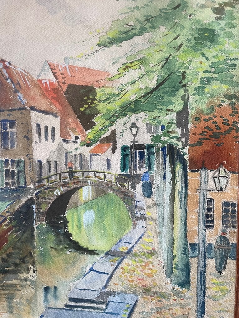Burniaux - Stadszicht in Brugge, Enlèvement ou Envoi, Aquarelle, Paysage, Signé