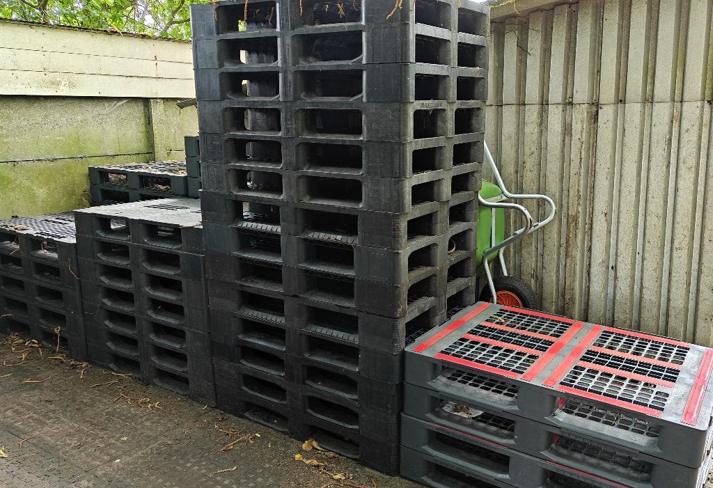 MIX restpartij 46 stuks kunststof paletten met open dek, Doe-het-zelf en Bouw, Hout en Planken, Ophalen, Gebruikt