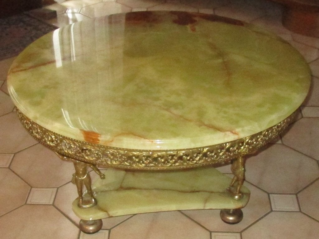 antieke salontafel in messing en onyx marmer, Antiek en Kunst, Ophalen