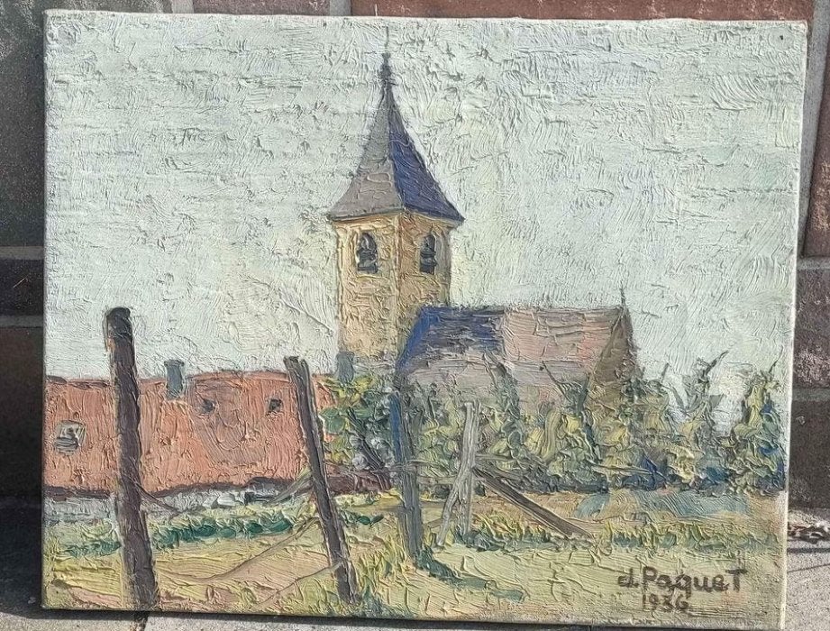 Huile sur toile église signe Jeanne paquet 1936, Enlèvement ou Envoi, Toile