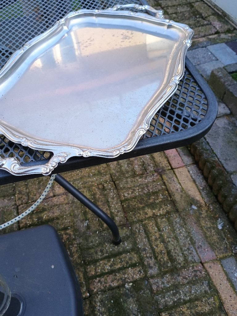 antiek zilverkleurig dienblad met handgrepen, Huis en Inrichting, Ophalen, Zo goed als nieuw, Dienblad, Metaal