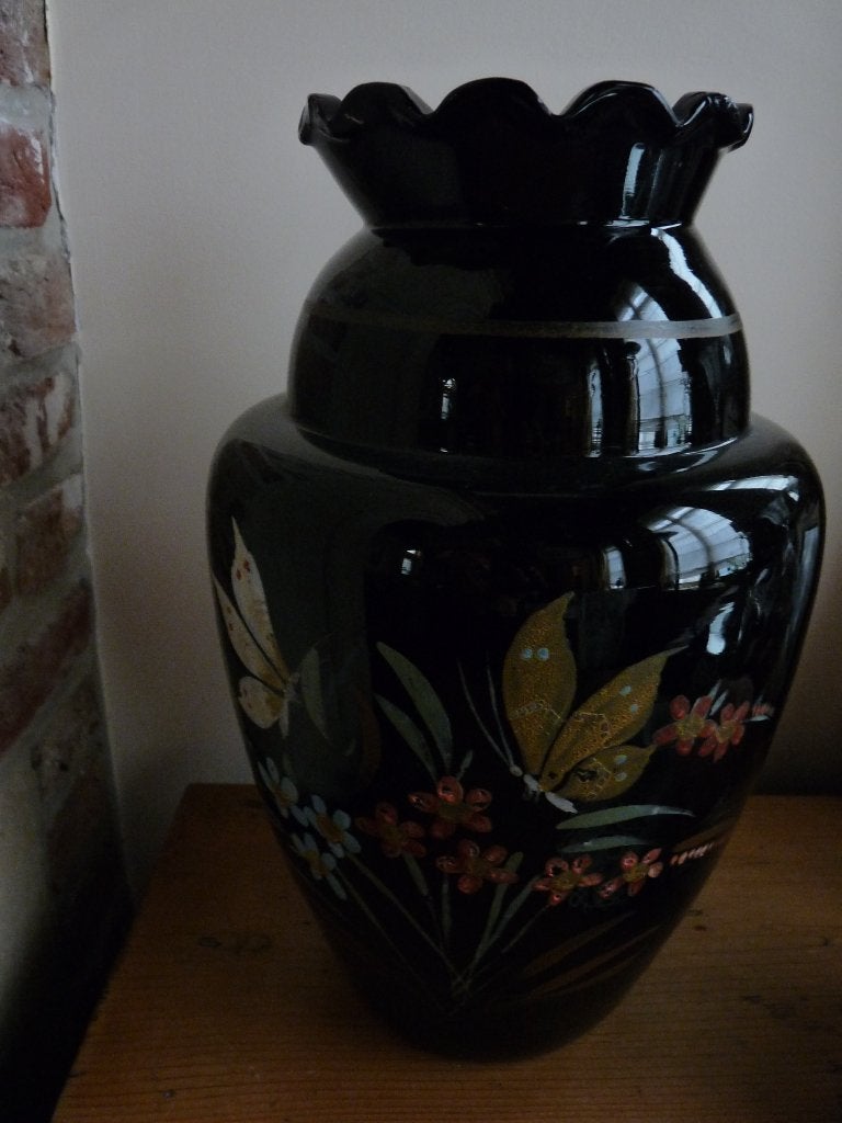 Zwarte gebloemde vaas in Booms glas, Ophalen of Verzenden