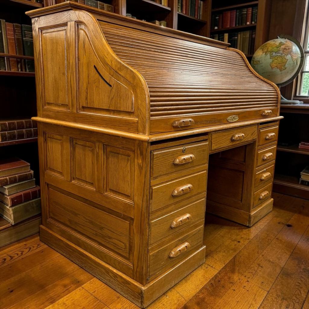 vintage houten Amerikaanse rolluikbureau / desk, Vintage, Verzenden, Gebruikt