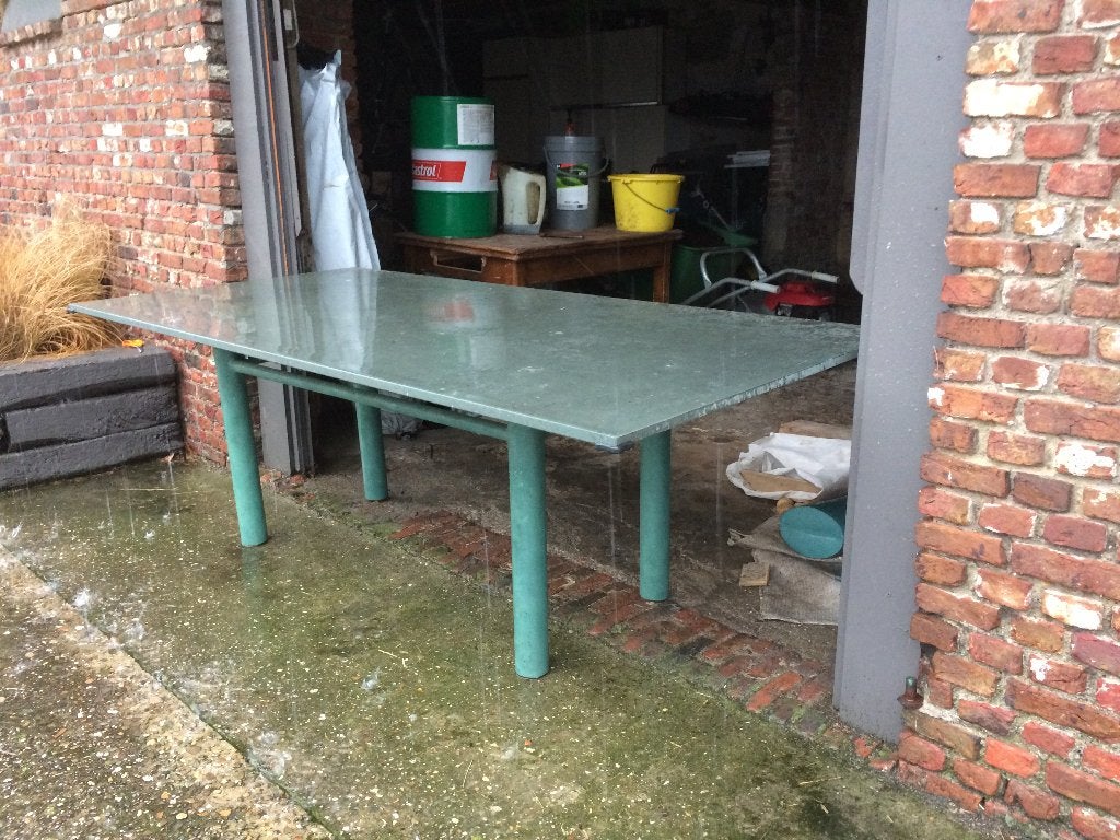 Unieke granieten tafel met koperen onderstel, prachtig stuk!, Ophalen, Zo goed als nieuw, Rechthoekig