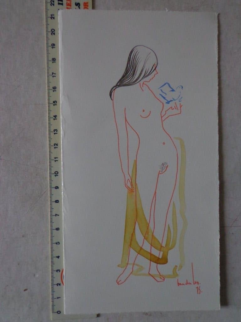 Jan Van der Loo originele tekening naakte vrouw uit 1975, Antiquités & Art, Enlèvement ou Envoi, Dessin, Autres techniques, Signé