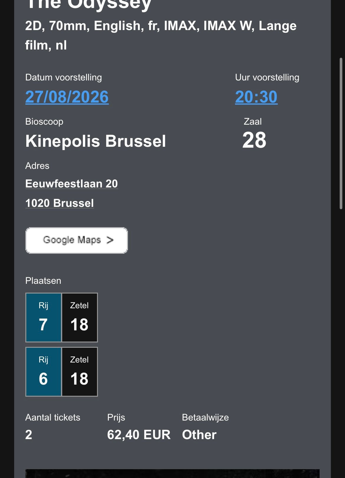 Odyssey IMAX 70mm kinepolis brussel, Tickets en Kaartjes, Bestemd voor IMAX, Vrijkaartje specifieke film