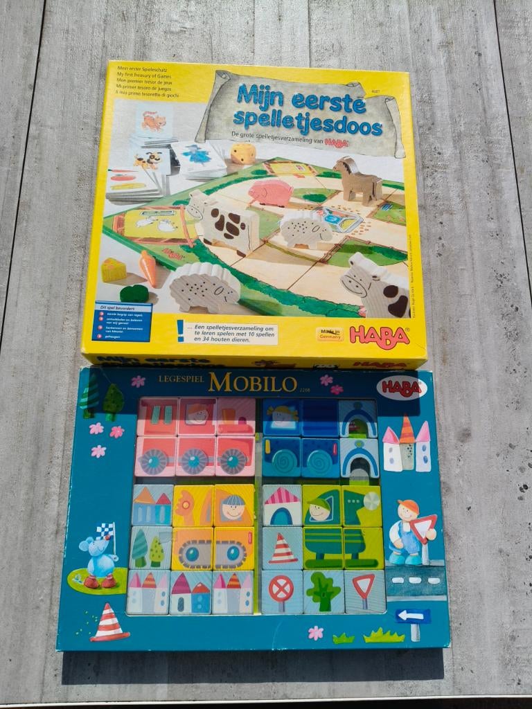 Haba 4687 Mijn eerste spelletjesdoos + Haba 2208 Mobilo, Vijf spelers of meer, Ophalen of Verzenden, Gebruikt, Haba