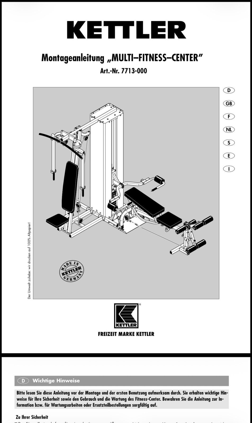 Titre —> Banc de musculation complet Kettler Multi-Fitness, Enlèvement