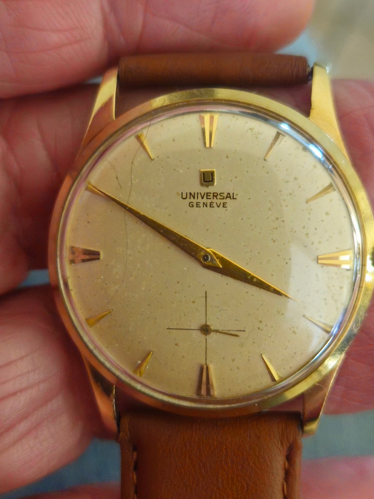 Universal Genève 18k gouden horloge jaar 50-60, Handtassen en Accessoires, Ophalen of Verzenden, Goud, Polshorloge