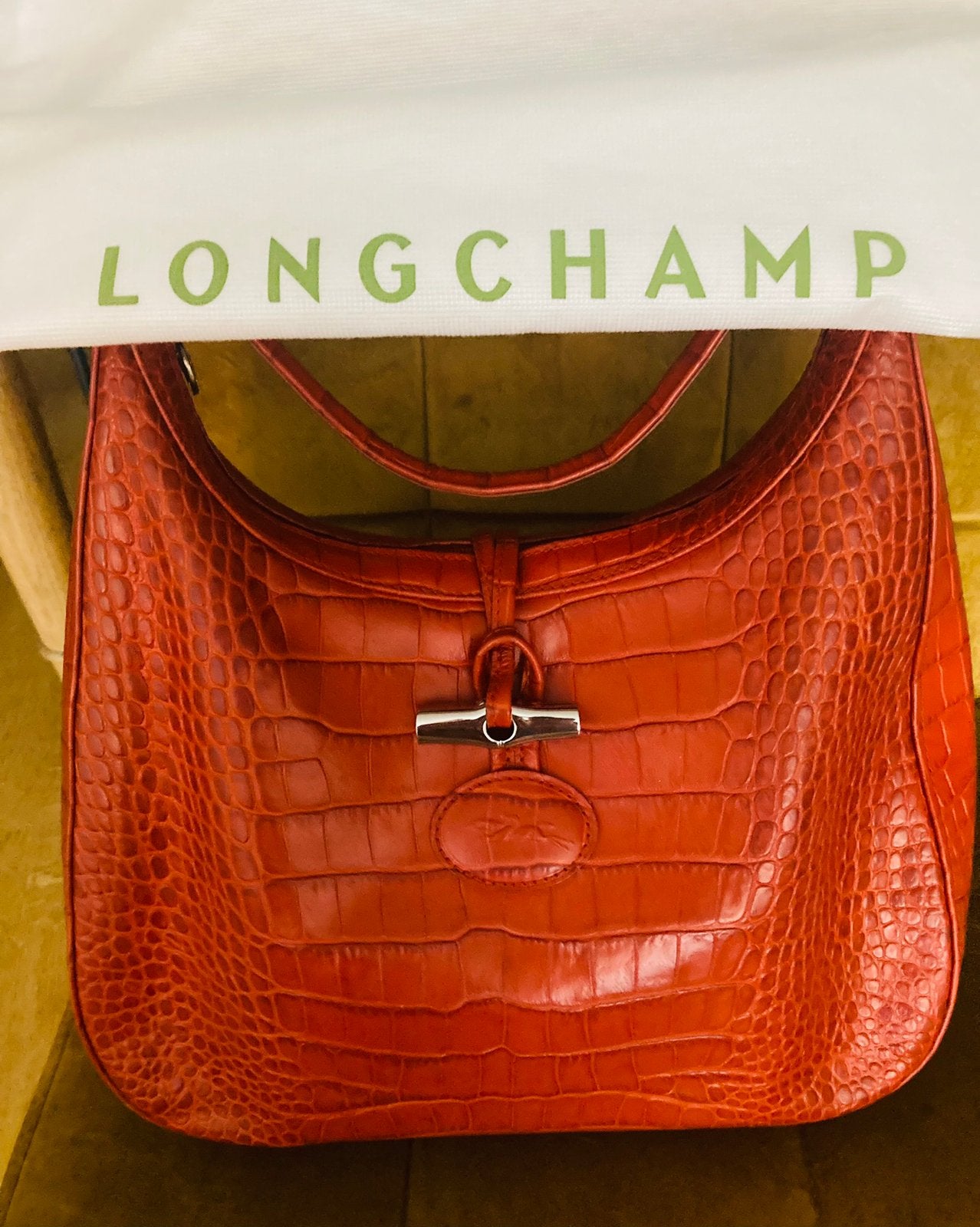 Longchamp „Roseau” vintage rode croco vermillion draagtas, Handtassen en Accessoires, Tassen | Damestassen, Ophalen, Zo goed als nieuw