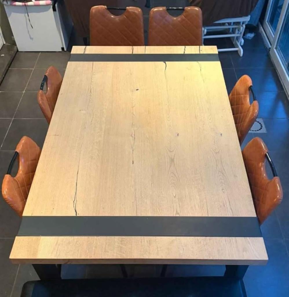 Uittrekbare eettafel met 6 stoelen, Huis en Inrichting, Tafels | Eettafels, Ophalen, Gebruikt, Vijf personen of meer, 150 tot 200 cm