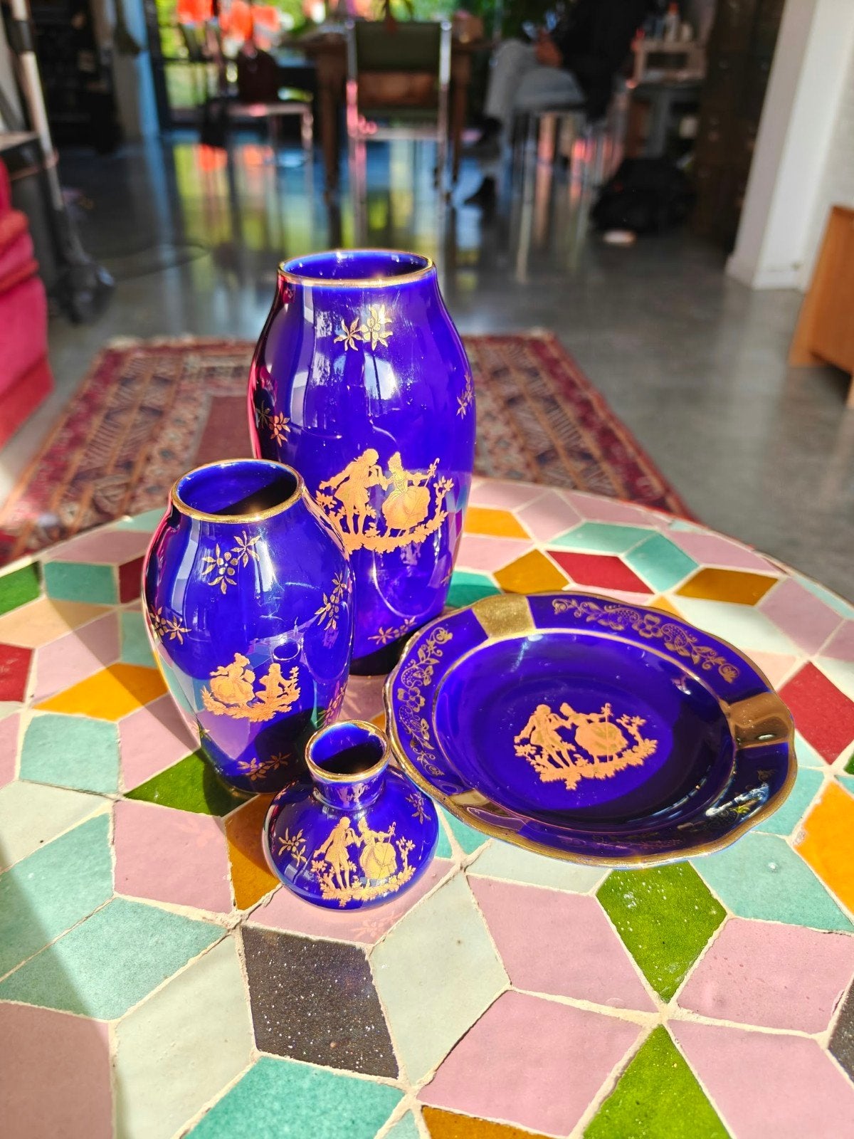 Limoges porselein setje in blauw en goud, Ophalen of Verzenden