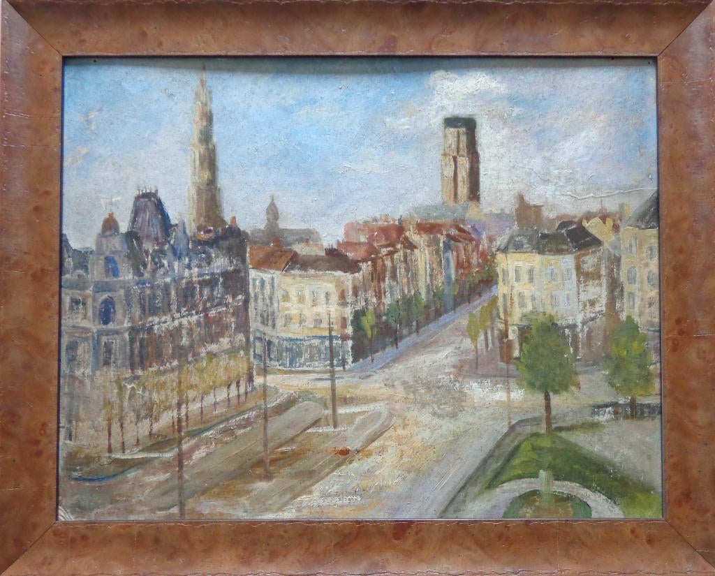 ANTWERPSE SCHOOL / VOLKSSTRAAT ANTWERPEN / OLIEVERF 42x52cm, Antiek en Kunst, Ophalen of Verzenden, Gesigneerd, Olieverf