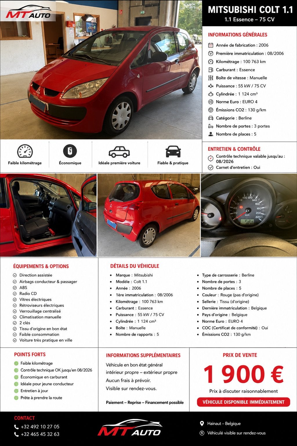 Colt 1.1 100 km, Auto's, Mitsubishi, Bedrijf, Colt, ABS, Benzine, Euro 4, 3 deurs, Handgeschakeld, Rood, Ophalen
