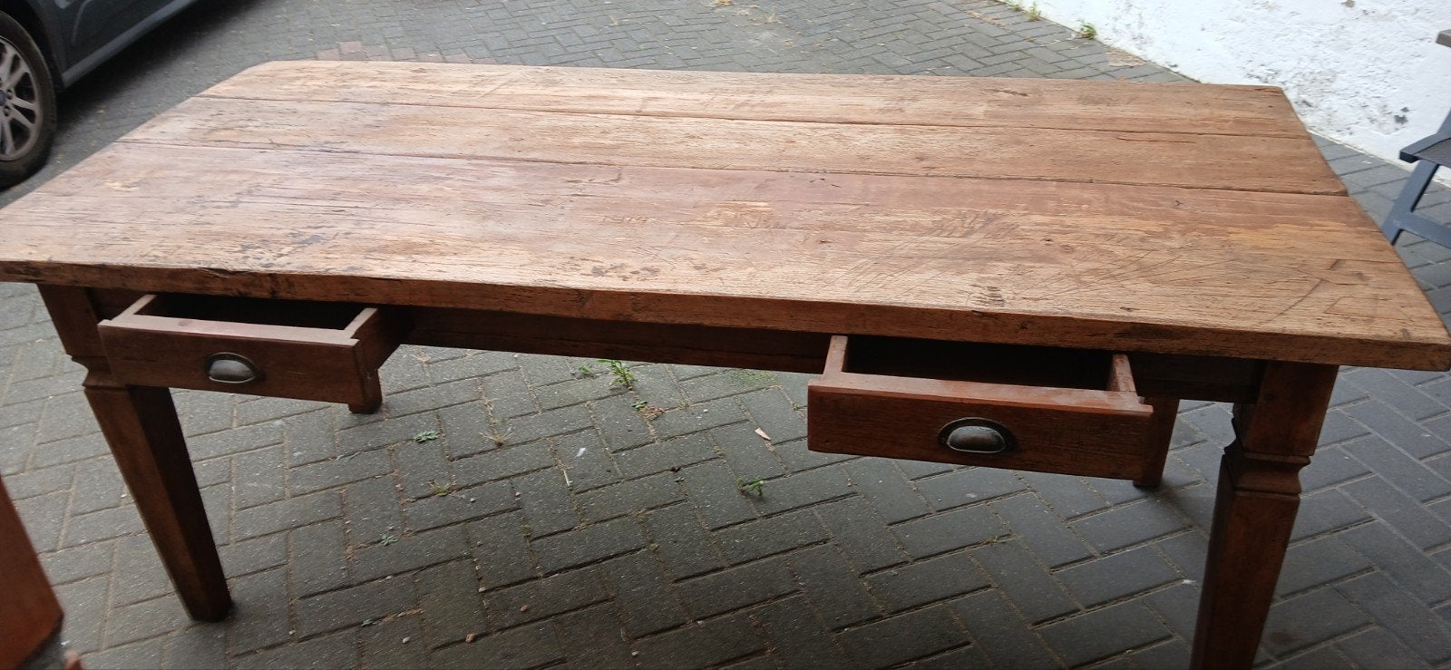 oude teak boerentafel met 2 schuifjes, Ophalen