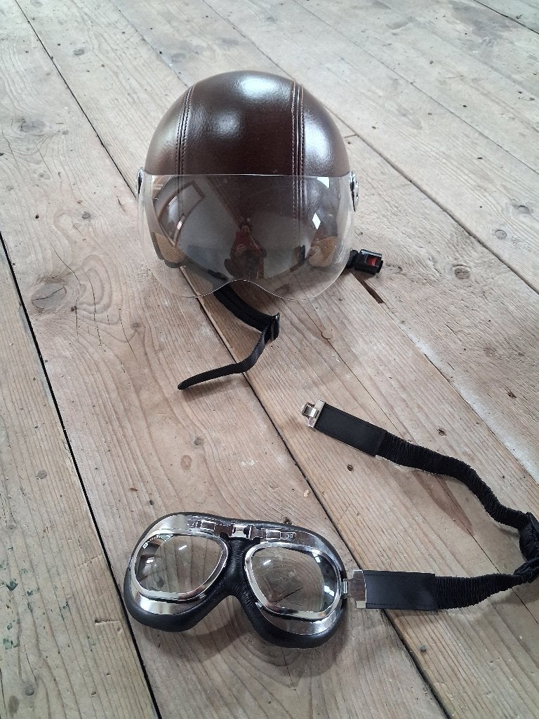 casque moto vintage en cuir + lunette, Motos, Enlèvement, L, Casque intégral