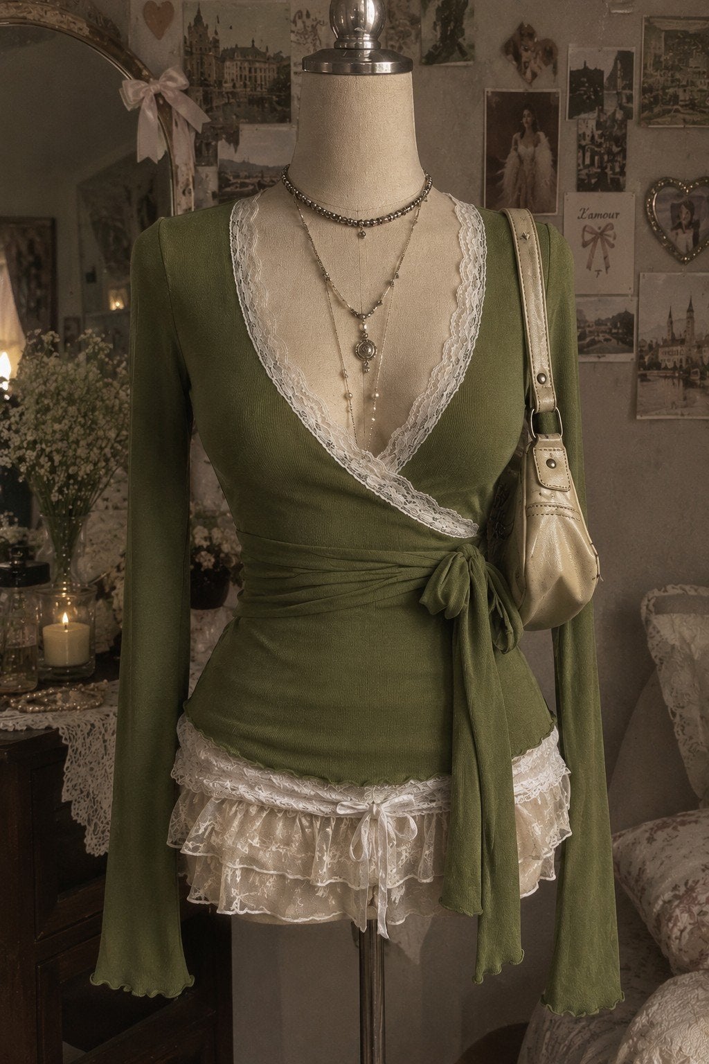 olijfgroen t-shirt/top met witte kant, Ophalen, Nieuw, Lange mouw, Maat 36 (S)