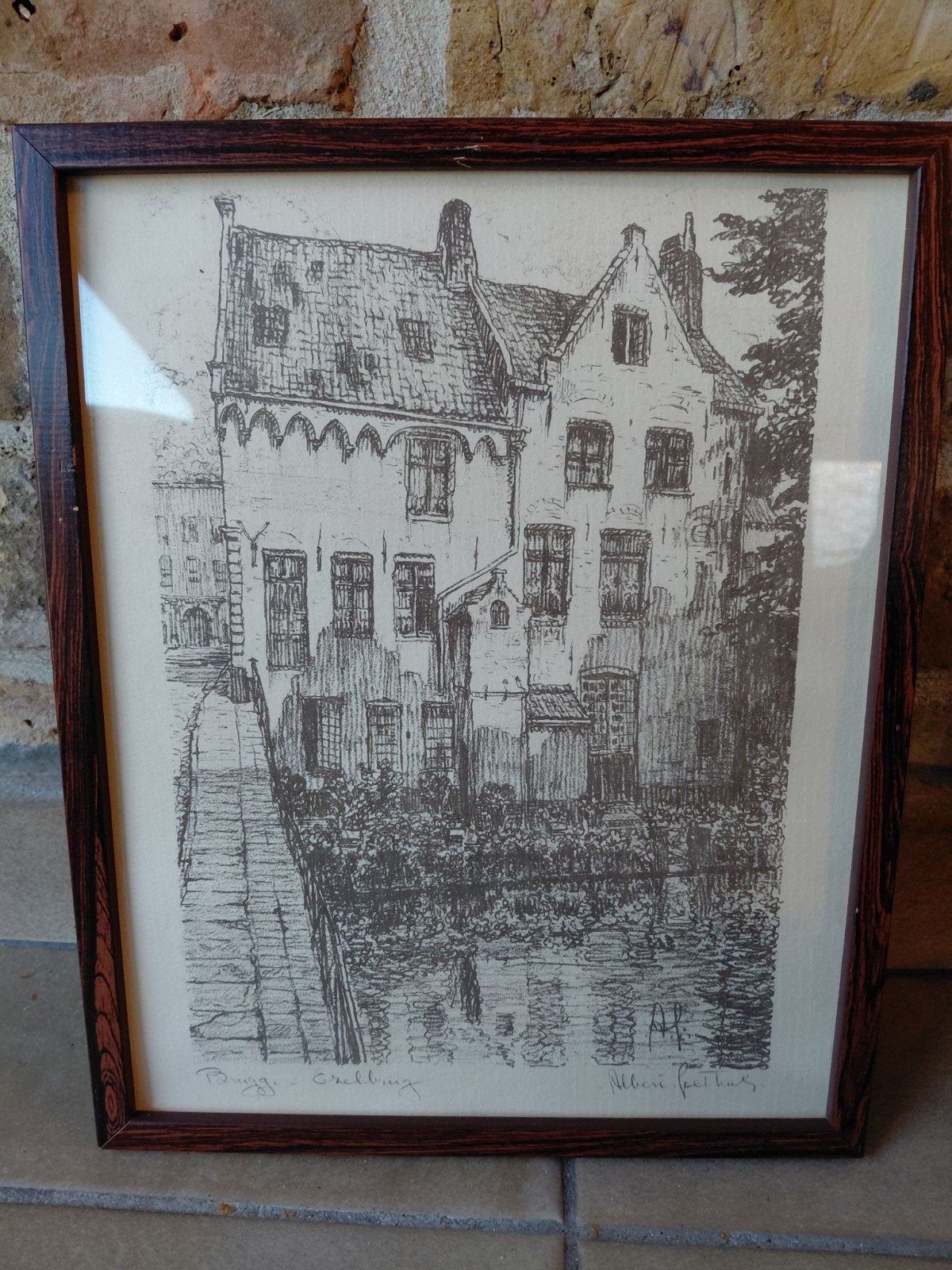 Beau dessin original à la plume de Bruges Ezelsbrug, Envoi, Dessin à la plume, Encadré
