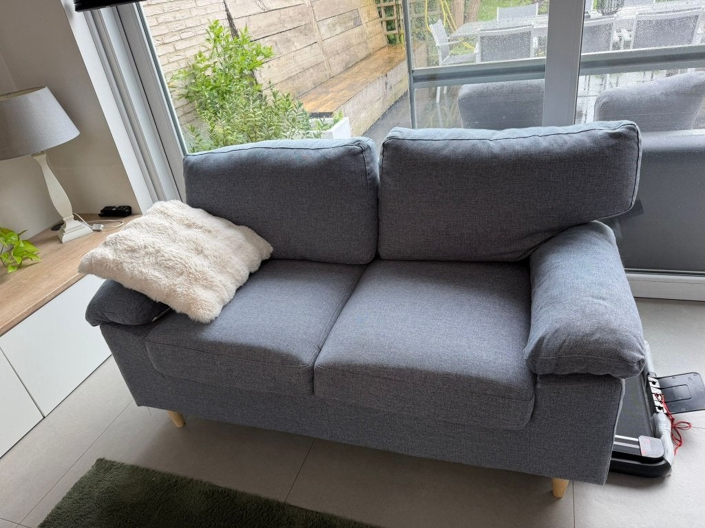 Zetel grijs/blauw 3-zit/2-zit/poef, Huis en Inrichting, Zetels | Zetels, Ophalen