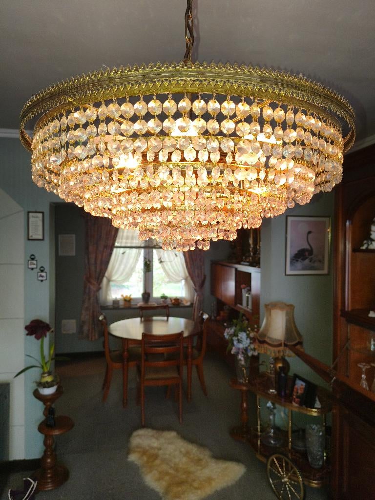 Kristallen luchter met bijhorende wandlamp, Ophalen, Zo goed als nieuw, Glas, Vintage